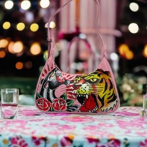 Ed Hardy 'Siberia Hills' Y2k Pink Tattoo Tiger Panther Print Shoulder Bag
